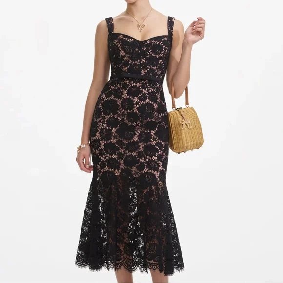 chinese dress ladies Black Sweetheart Lace Midi Dress  self-portrait-US